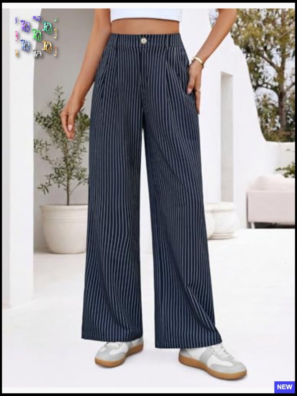 Wide Leg Striped Palazzo Pants High Waist Straight Work Dressy Slacks Trousers - Picture 4 of 7